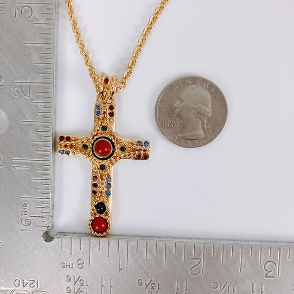 Signed JBK Camrose & Kross 18K Plated Byzantine Jasper Gemstone Cross Necklace - Picture 10 of 15